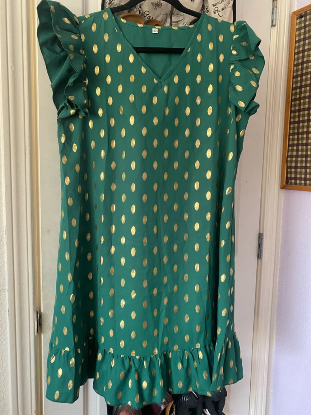 Green V-Neck Ruffle Sleeve Dress with Gold Dots